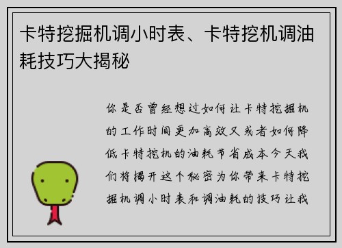 卡特挖掘机调小时表、卡特挖机调油耗技巧大揭秘